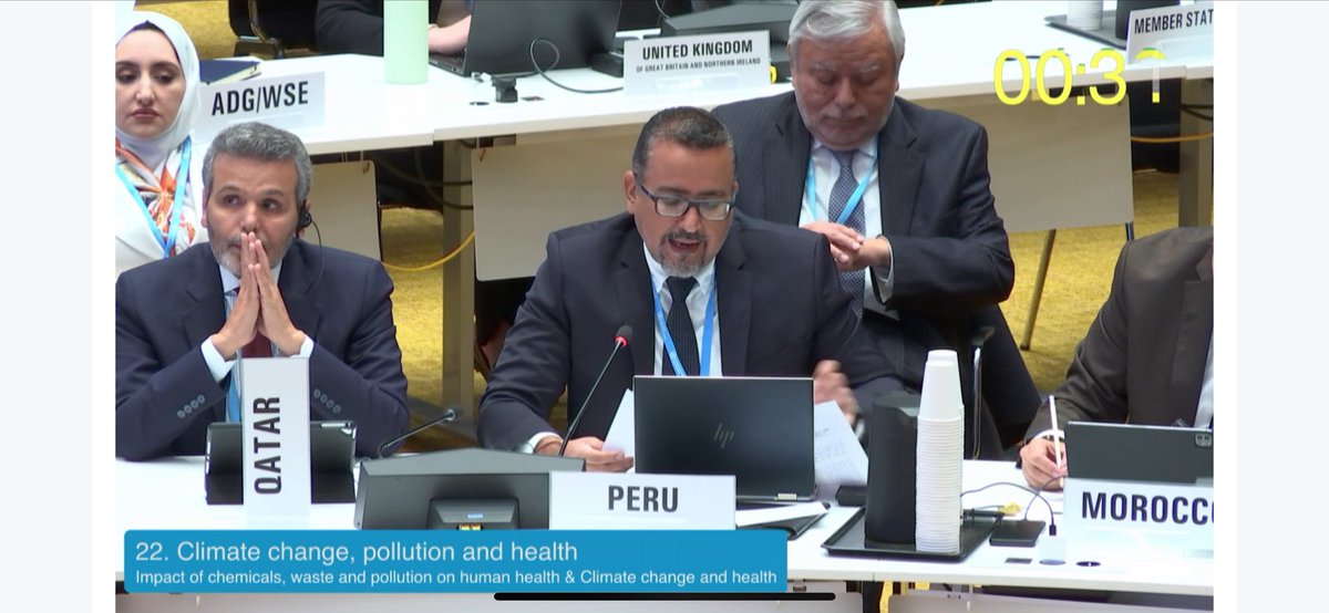 GENetwork's tweet photo. At @WHO #EB154, Peru delivers a statement on behalf of  🇳🇱🇰🇪🇫🇯🇧🇧🇬🇧🇵🇪, the core group for the resolution on #ClimateChange &amp; Health, &amp; co-sponsors 🇲🇨🇦🇪. The resolution builds on political momentum of #COP28 #HealthDay committing WHO to concrete and bold actions on climate change. https://t.co/3hIKyZx1TY