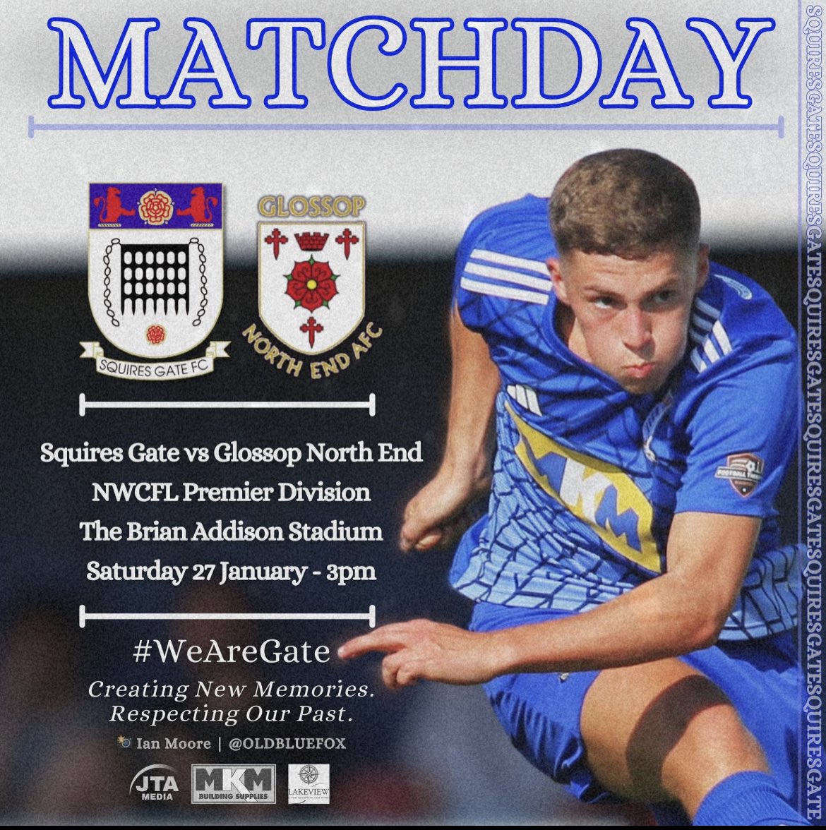 Get yourself down to the Brian Addison Stadium today for a big day of NWCFL football. The @squiresgatefc boys need your support to get the 3 points. Come on the Gate!! 💙⚽️