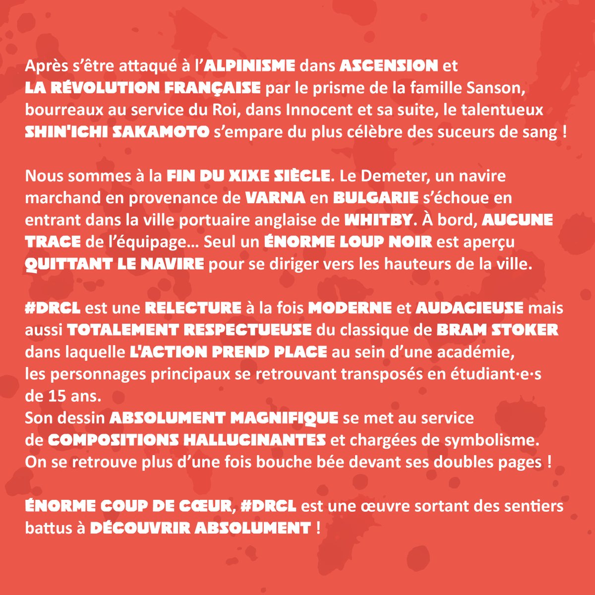 Après l’alpinisme dans Ascension et la Révolution Française par le prisme de la famille Sanson, Shin’ichi Sakamoto s'empare du plus célèbre des suceurs de sang dans #DRCL Midnight Children chez <a href="/ki_oon_Editions/">Ki-oon éditions</a>
🩸 Une œuvre sortant des sentiers battus à découvrir absolument !