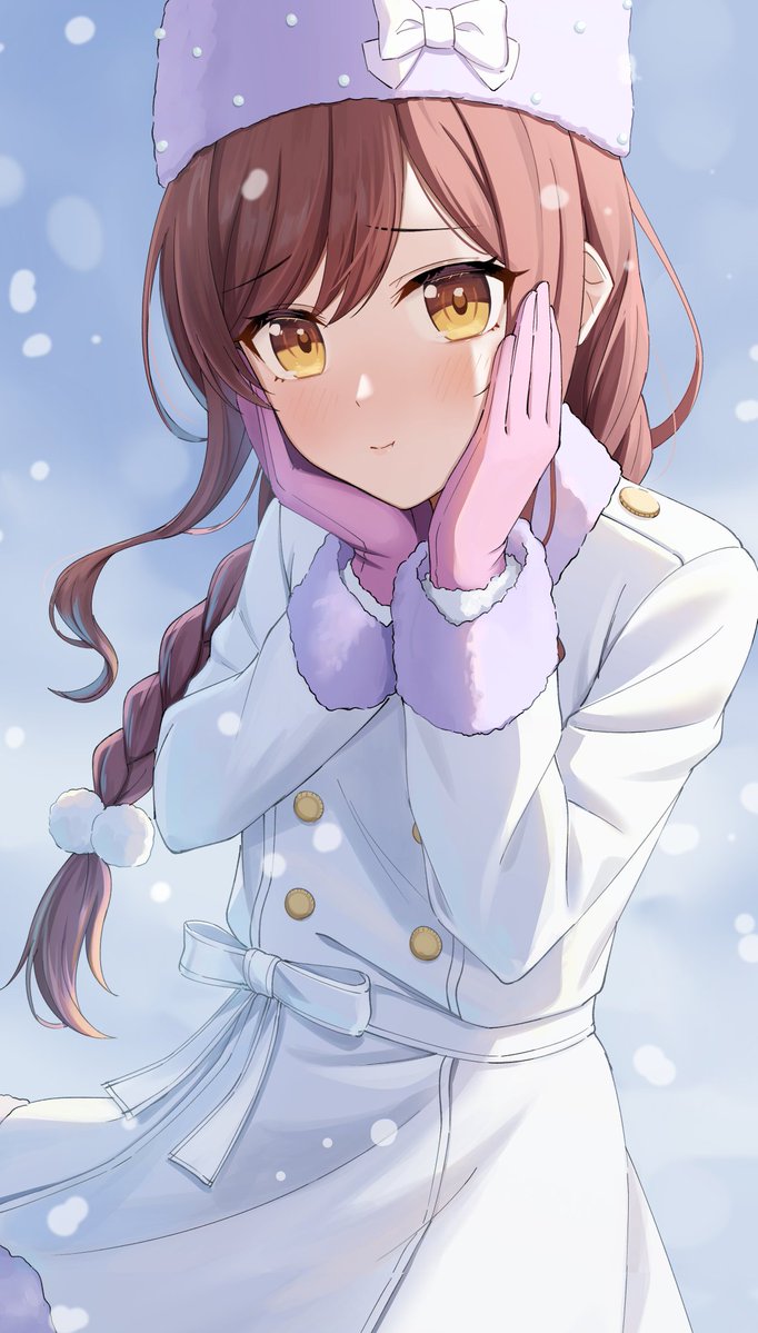 osaki amana 1girl hat solo blush braid gloves snowing  illustration images