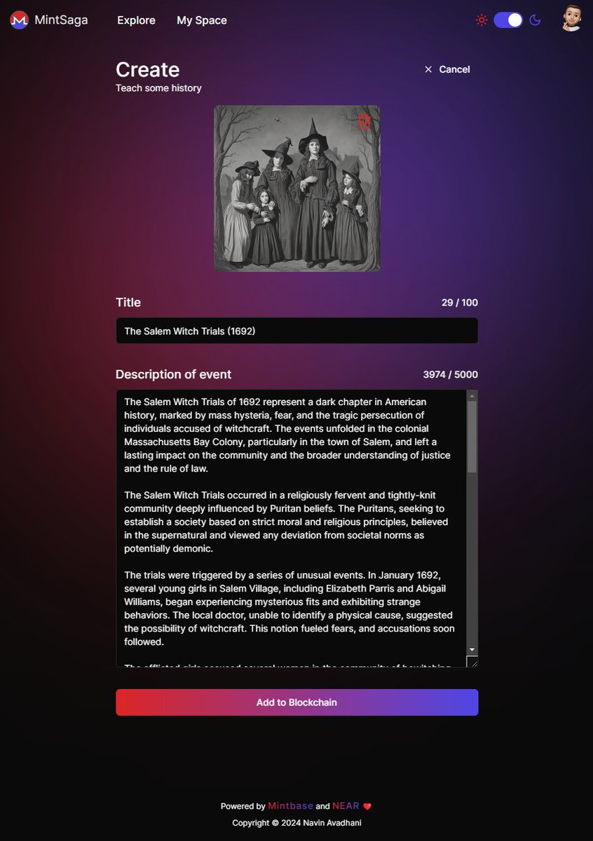 oldmannav's tweet image. 🌐Introducing &quot;MintSaga&quot; at #AbstractionHackathon. We&apos;re weaving history with entries on blockchain, thanks to #Mintbase and #Arweave. Join us for a modest journey through time, making memories special for every user!🕰️ @kirat_tw #buildinpublic mintsaga.vercel.app