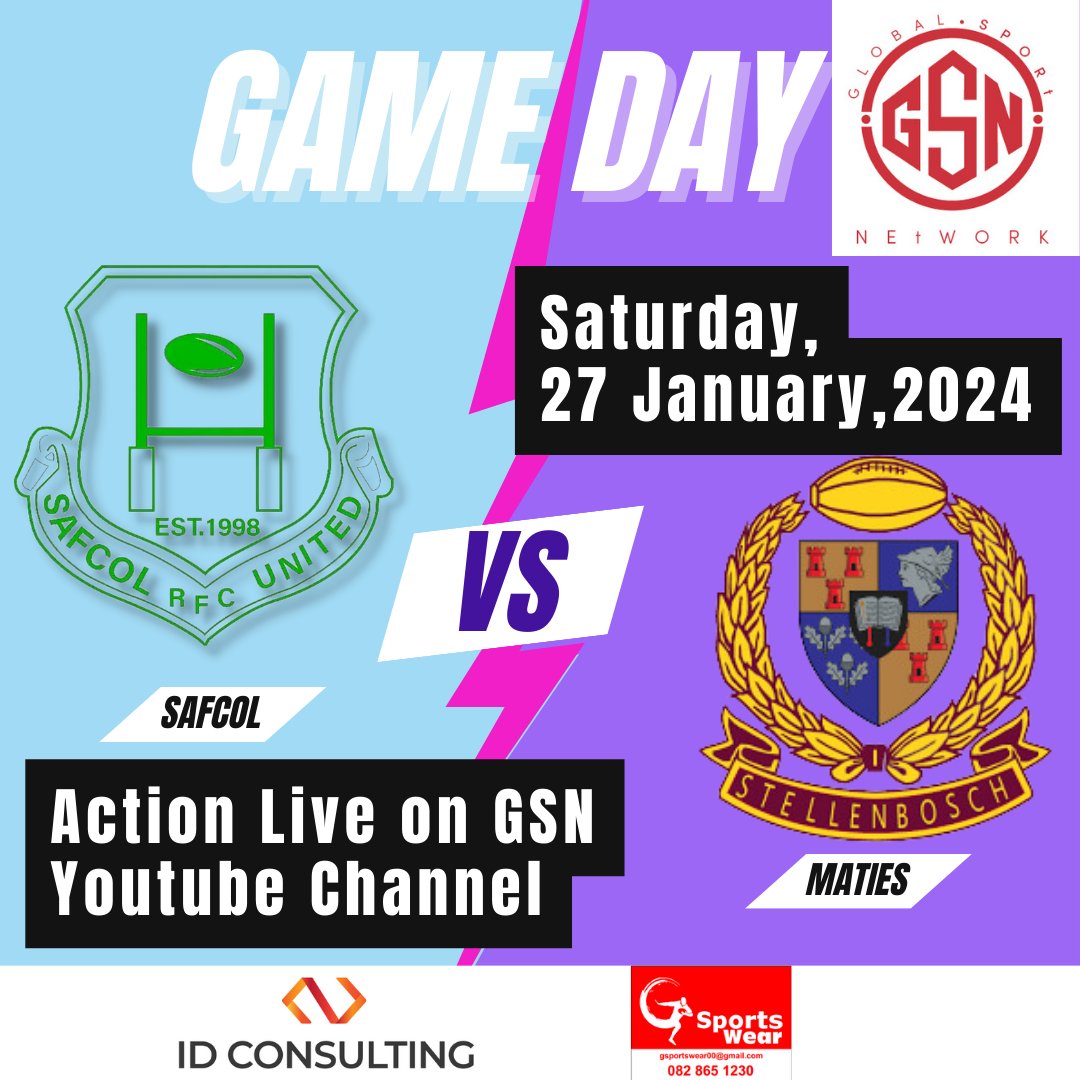 GAME DAY!!!💥🏈🎤🎥KO 1️⃣6️⃣:0️⃣0️⃣

Catch @MatiesRugby vs Boland Champions Safcol RFC in a Pre season Friendly.

Please sign up to the membership for viewing :) 👇
#gsn #globalsportsnetwork
Thank you to our Loyal Sponsors ID Consulting & G-Sportswear. 

youtube.com/live/lyUtrYAJl…