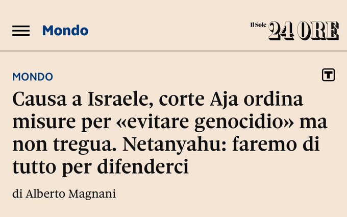 La Corte dell&rsquo;Aja ordina di EVITARE il genocidio, ma non ordina lo stop del genocidio.  Come dire: fate<a href="/tag/israelgenocide"class="tags"><span>#israelgenocide</span></a>