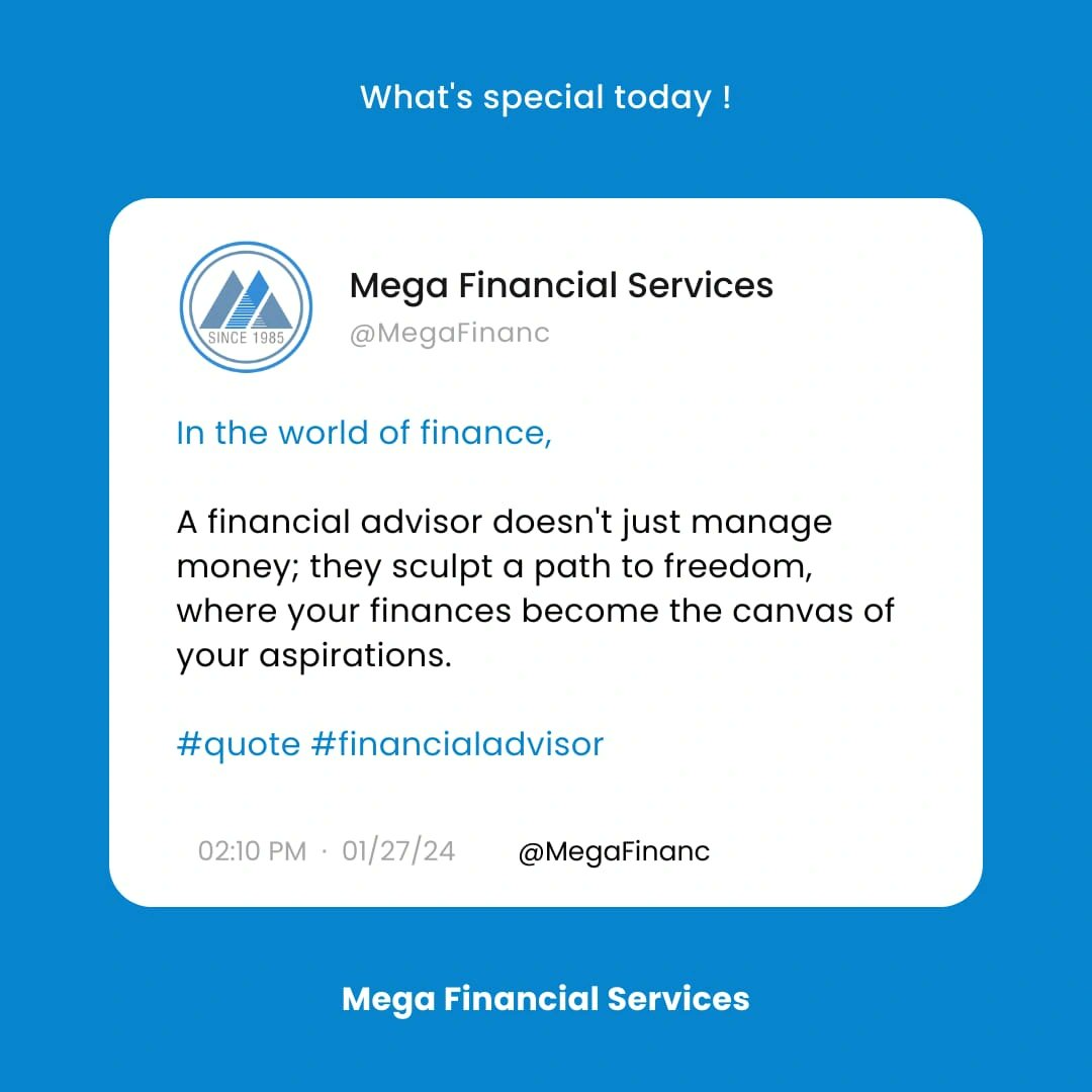 MegaFinanc's tweet photo. Financial advisor is like an architect of your financial fort...

#quote #financialfreedom #finance #money #investment #FinancialSuccess #wealth #wisdom #knowledge #advice 

Don't forget to like and share it. https://t.co/6VrGGkR2jY