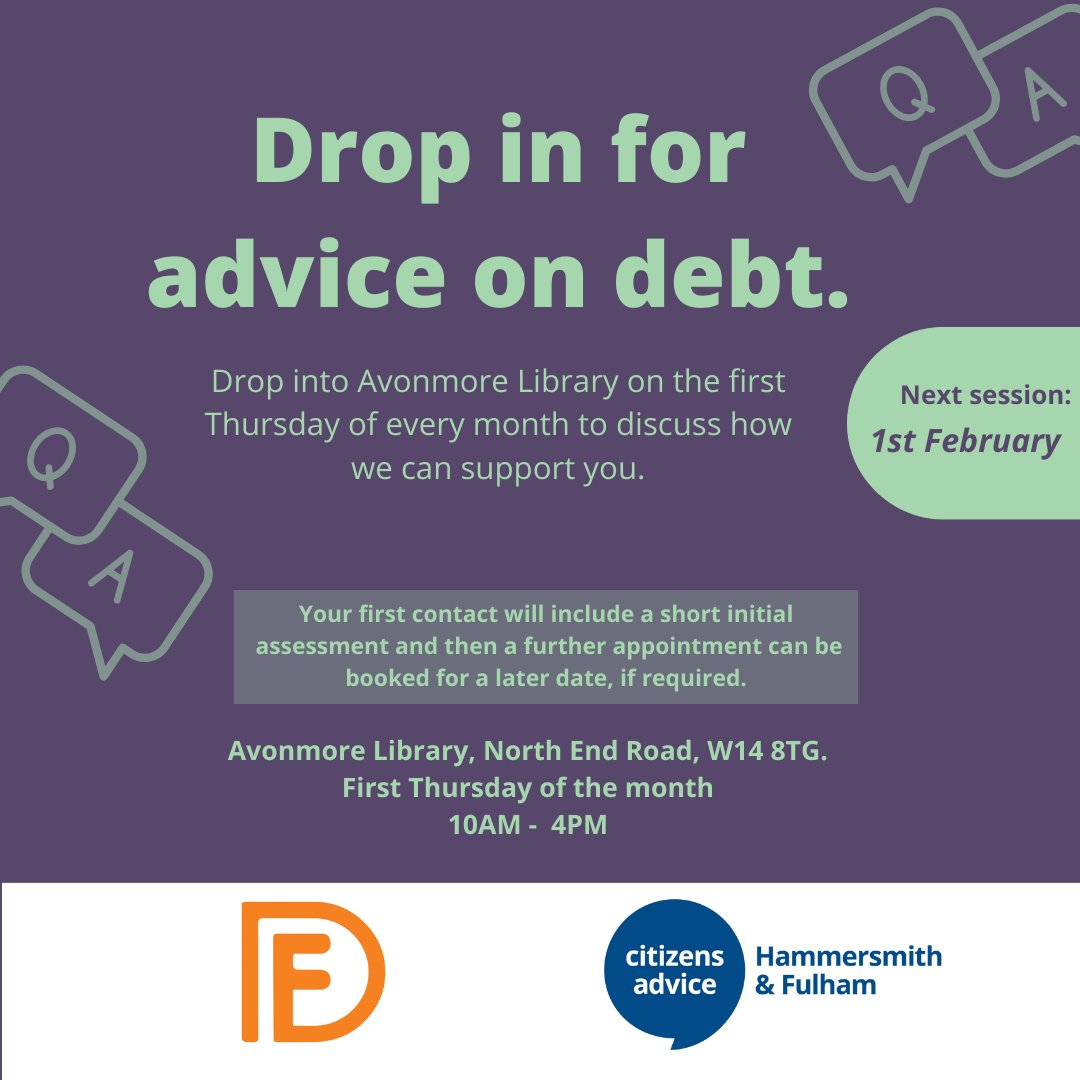 Need advice on debt? Drop-into Avonmore Library tomorrow, meet with our Debt Advisers and discuss how we can support and help you.
This drop-in runs on the first Thursday of every month between 10am- 4pm.

#cahf #avonmorelibrary #hfcouncil #debtadvice #dropin #citizensadvice