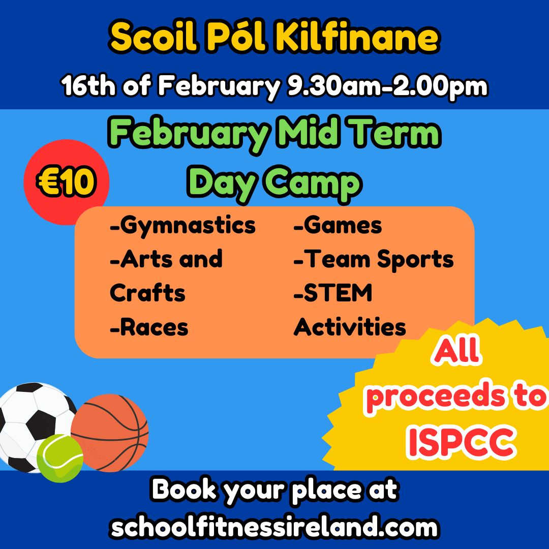 FEBRUARY MID TERM DAY CAMPS 🏀⚽🤸‍♀️

We are back again with our day camps over the February mid term break, but this time... we are donating EVERY CENT to the ISPCC ❤️ 

To sign up to one of our camps, please visit schoolfitnessireland.com