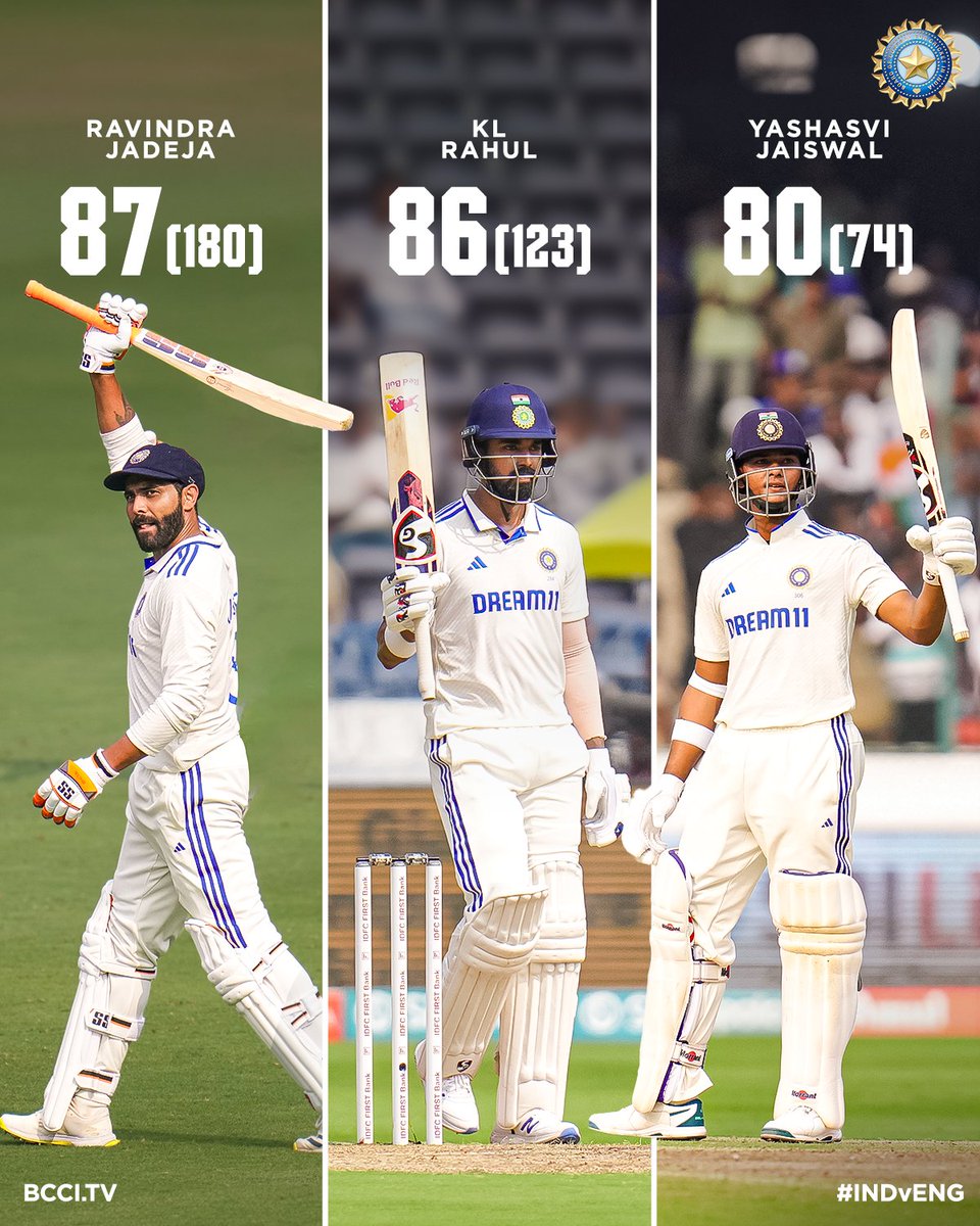 BCCI's tweet image. 3⃣ Batters. 3⃣ Vital knocks

Presenting the 80s trio from the first innings 👌👌

#TeamIndia | #INDvENG | @imjadeja | @klrahul | @ybj_19 | @IDFCFIRSTBank