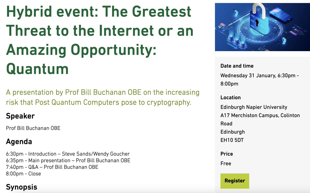 As a proud Fellow of the BCS, The Chartered Institute for IT,  I am honoured to host a talk on Post Quantum Cryptography (PQC) and  Quantum Computers on Wednesday, 31 Jan 2024 (in Edinburgh or remote):  bcs.org/events-calenda…