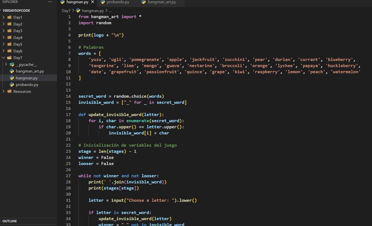 RonaldoScript's tweet image. 🚀 Day 7 of #100DaysOfCode 🚀
Today I dove deeper into Python's essential concepts: loops, conditions, functions, and the random module. Put all these skills to the test by building a Hangman game from scratch! 🎮
#Python #CodingJourney #HangmanGame
