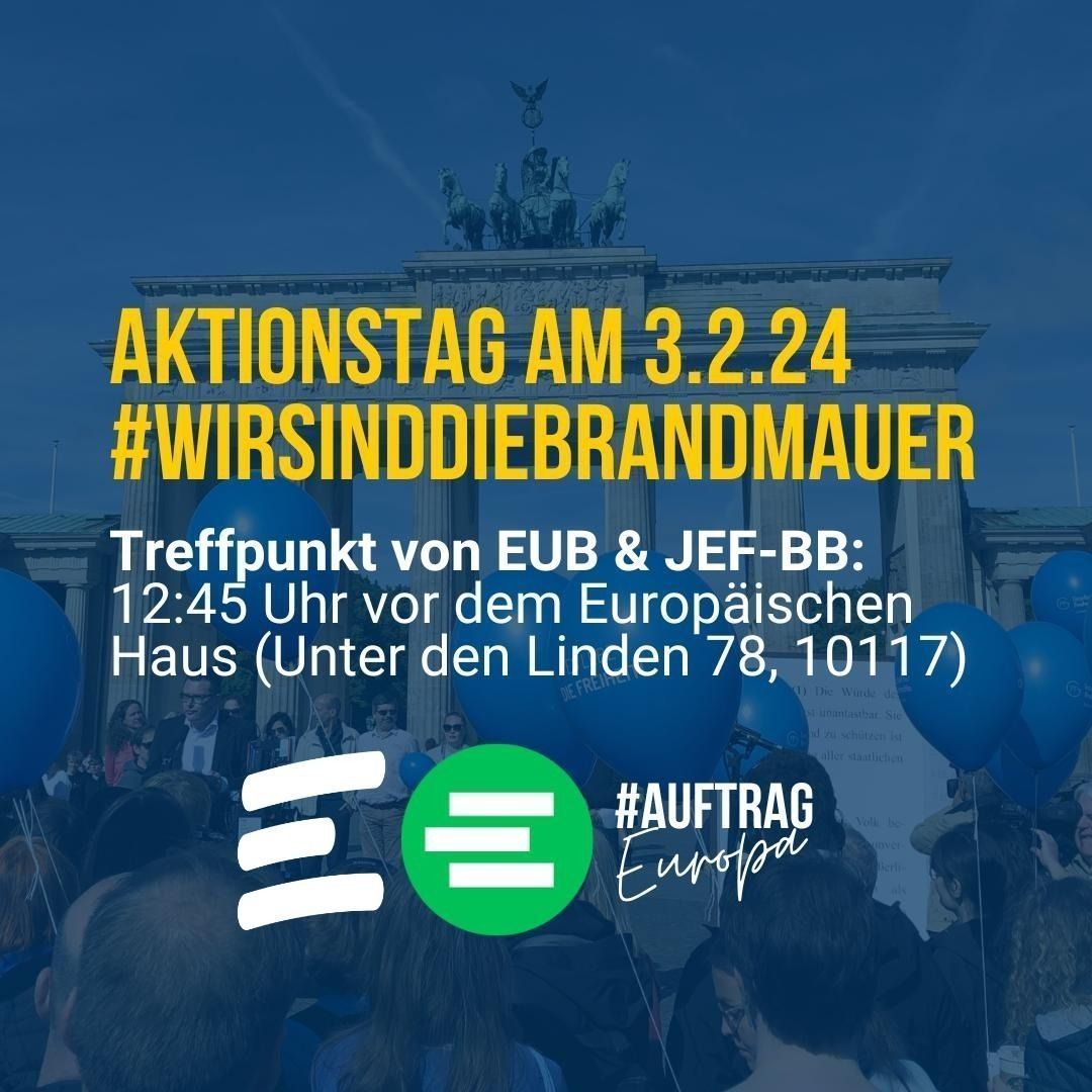 Wir stehen für eine offene, demokratische und vielfältige Gesellschaft. Wir werden gemeinsam mit 500+ zivilgesellschaftlichen Organisationen eine Menschenkette um den Bundestag bilden. Pakt Fahnen ein, malt Poster und kommt dazu! #WirSindDieBrandmauer #AuftragEuropa