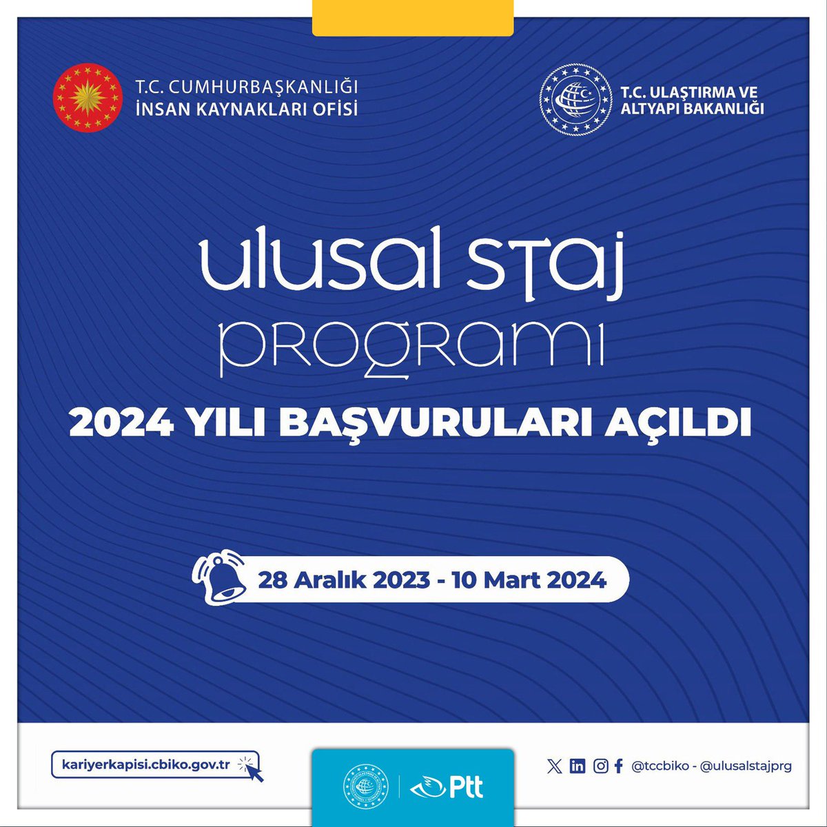 Cumhurbaşkanlığı İnsan Kaynakları Ofisi tarafından düzenlenen #UlusalStajProgramı başvuruları devam ediyor. 🗓 Son başvuru tarihi: 10 Mart 2024 Başvuru işlemleri ve detaylı bilgi için ➡kariyerkapisi.cbiko.gov.tr/ulusalstajprog… @tccbiko @ulusalstajprg