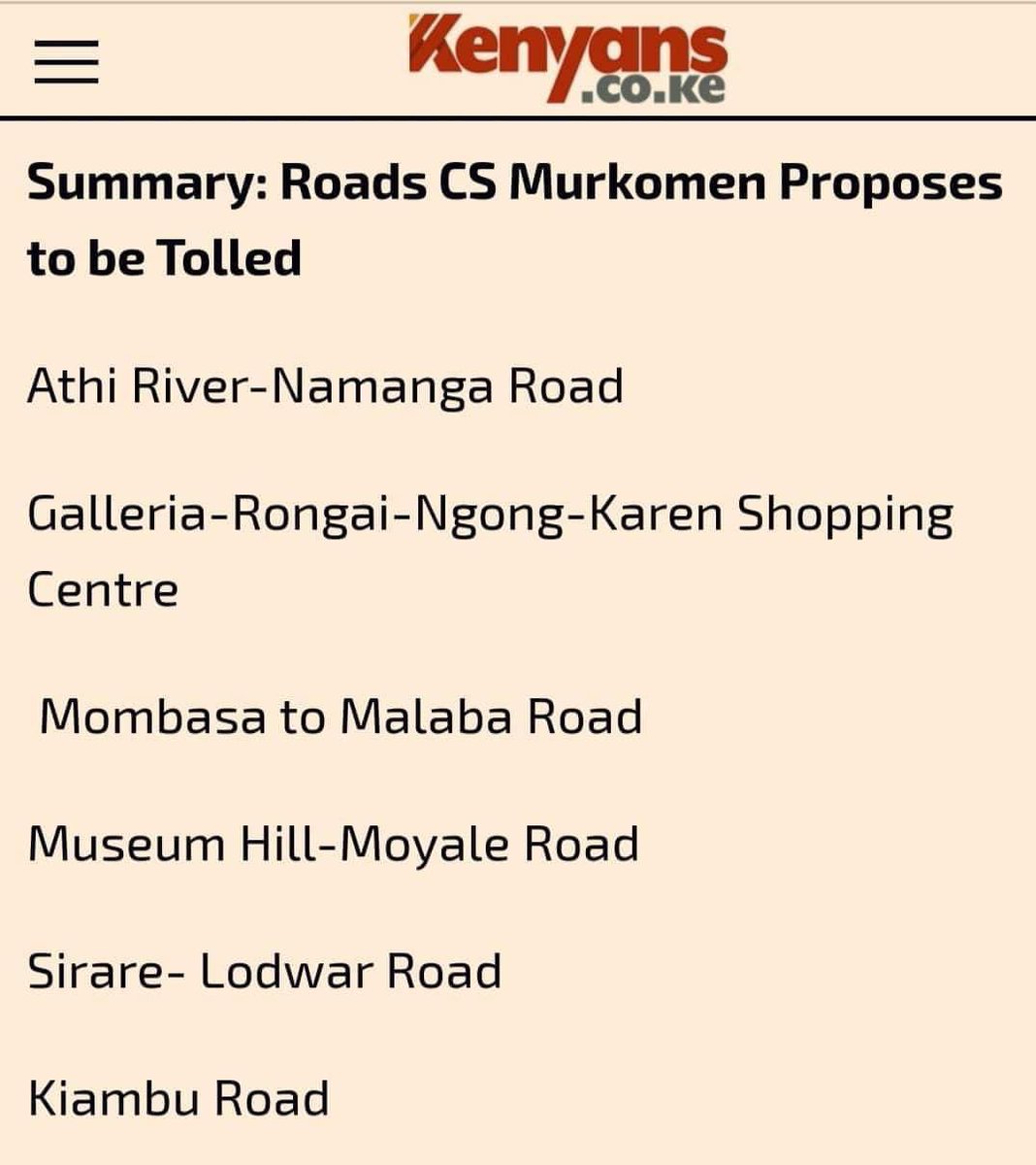 Kibaki and Raila built most if not all of these roads with OUR money.

When you drive on these roads you will see signs by @KeNHAKenya telling you your taxes AKA fuel levy were used to build/maintain those roads.

Ruto has built nothing.

He cannot tax us for using our own roads.