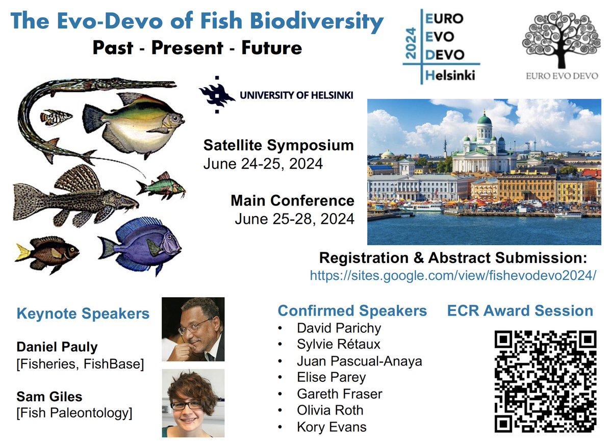 Registration & abstract submission is now open for #FishEvoDevo2024 taking place June 24-25 @EED2024!

Register & submit here: sites.google.com/view/fishevode… 
Abstract deadline 29th Feb!

Program includes ECR award session.

Pls retweet!

🐟🐠🐡🦈 #EndlessFishMostBeautiful