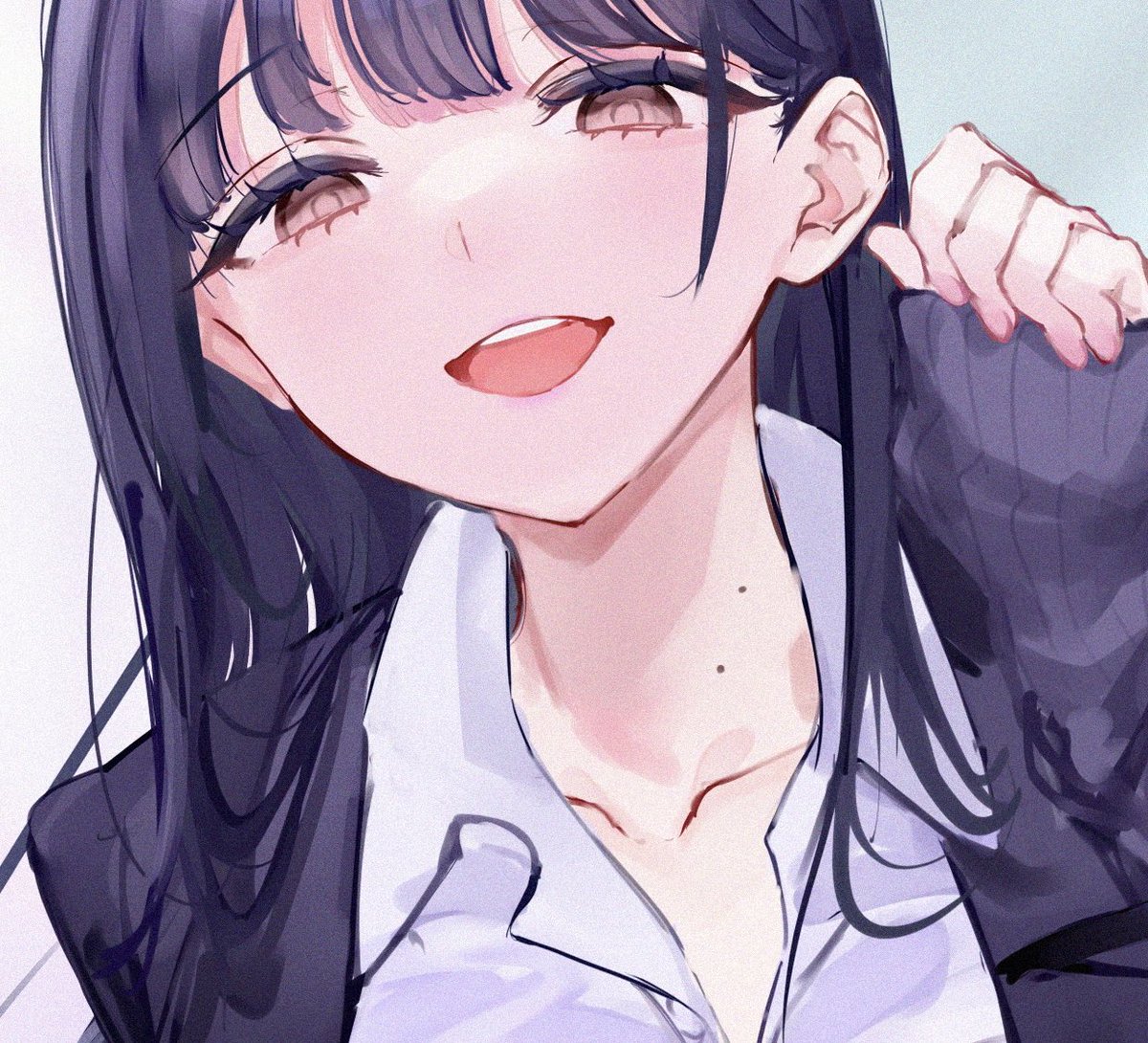 yamada anna 1girl solo mole on neck long hair shirt smile black hair  illustration images