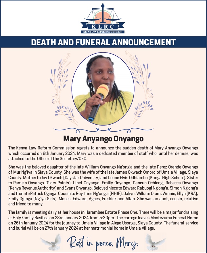 Our hearts are heavy as we mourn the loss of a valued colleague at the Kenya Law Reform Commission. Mary's contributions will forever be remembered, and she will be greatly missed. Our thoughts and condolences go out to her family and friends during this difficult time.