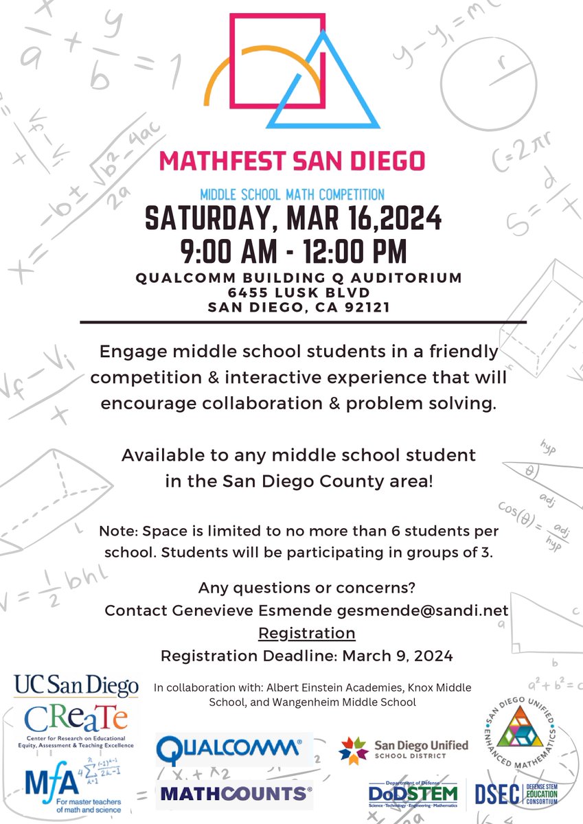 Exciting Opportunity for Middle School Students in San Diego County! Encourage collaboration, problem-solving, and have fun with fellow students. Limited spots available, so register now before the deadline on March 9, 2024. Register here: forms.gle/rbfqHwod9p9ScV…