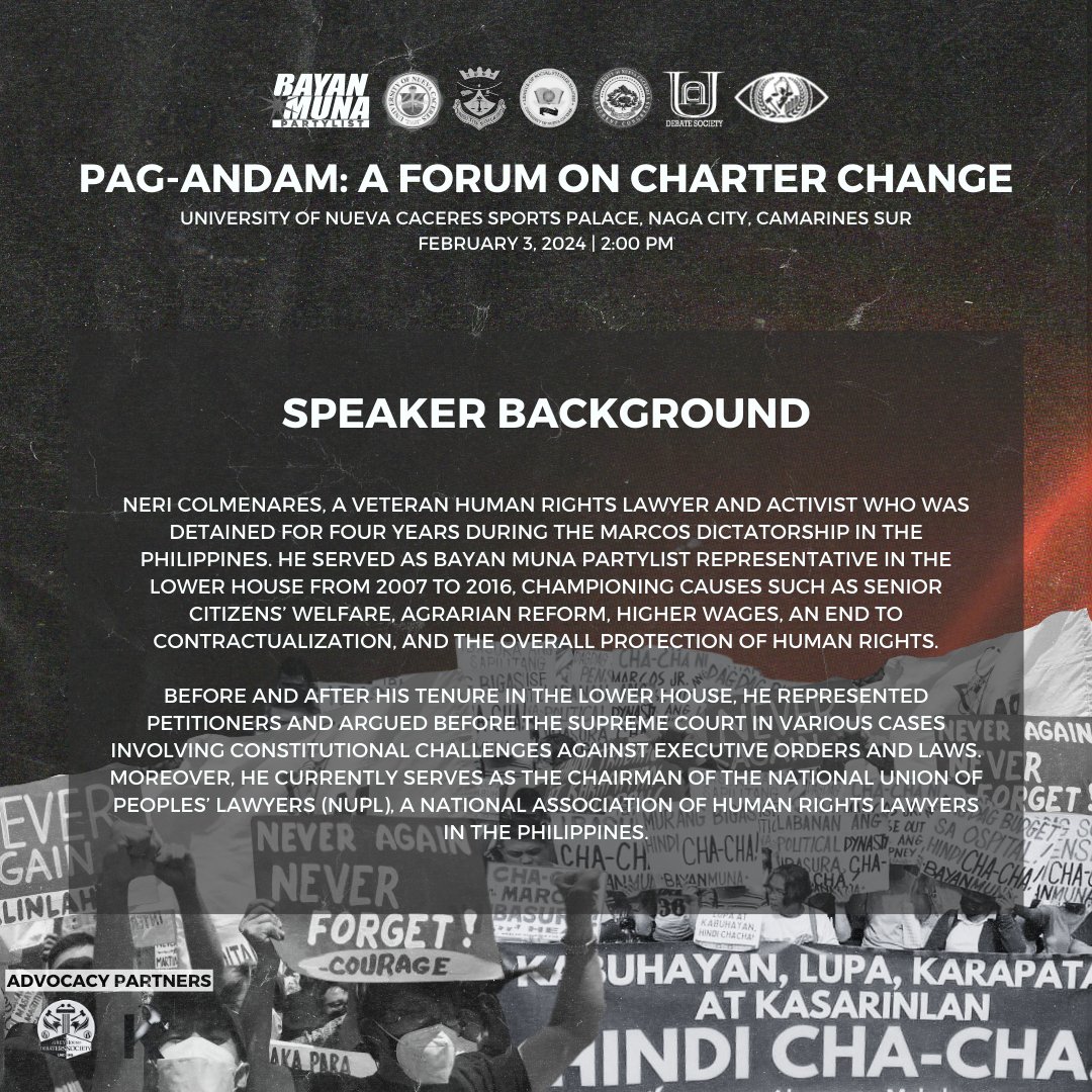 UNC_PLS's tweet photo. 𝐂𝐀𝐋𝐋𝐈𝐍𝐆 𝐅𝐎𝐑 𝐀 𝐂𝐇𝐀𝐍𝐆𝐄  

Meet ATTY. NERI COLMENARES, a human rights lawyer and activist as the Speaker for Pag-Andam: A Forum on Charter Change on February 3, 2024 at 2:00  PM at the UNC Sports Palace.  

Register Here: 
https://t.co/x7ysVlHYPC 

#Makiaram (1/3) https://t.co/1C7JCGVg0W