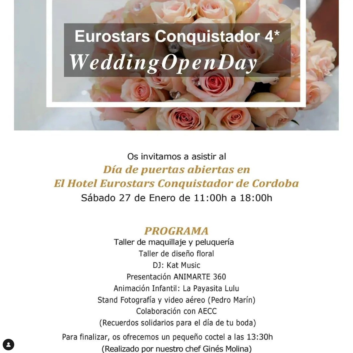 Buenos días.

Hoy estaremos en el #WeddingOpenDay, que se celebra en el Hotel <a href="/Eurostars/">Eurostars Hotel Company</a>  #Conquistador #CórdobaEsp, de 11:00 a 18:00. Os animamos a visitar nuestro estand.