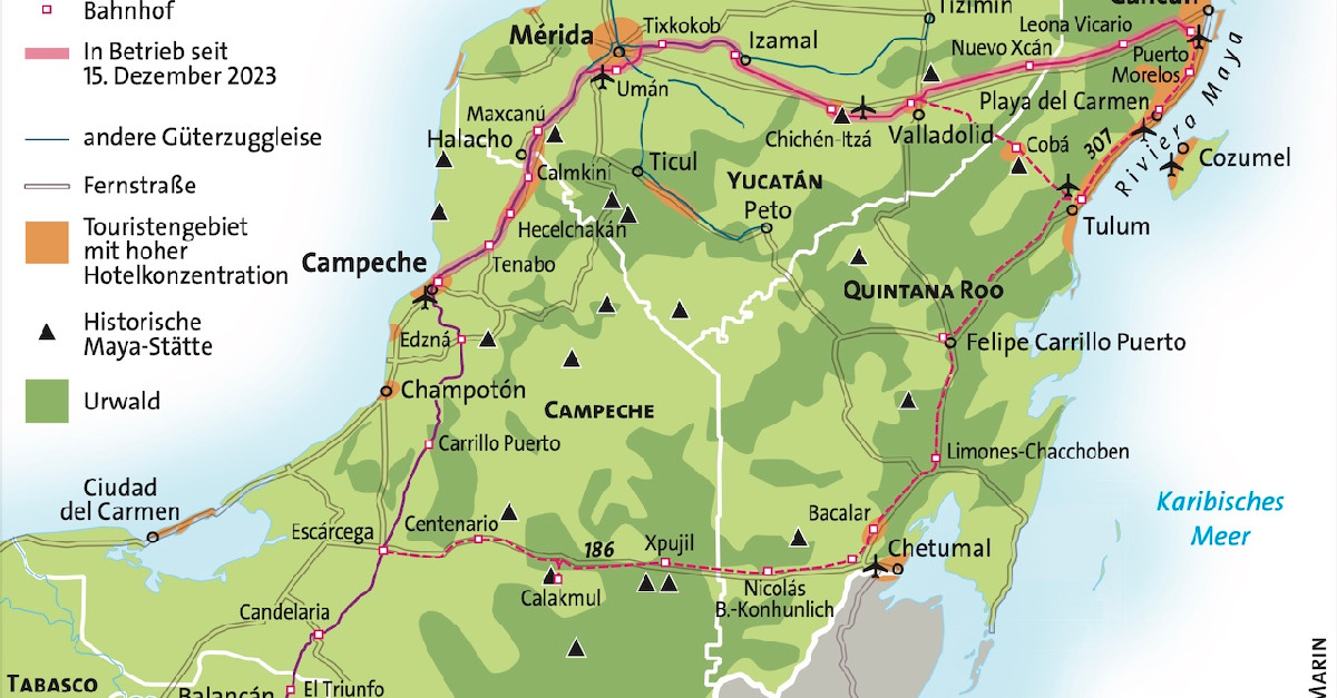 Mit einer Schienenlänge von 1554 Kilometern soll der Tren Maya bald in Betrieb gehen. In vielen Windungen schlängelt sich die Bahn durch drei Bundesstaaten Mexikos und wird bis nach Chiapas führen. Doch das große Infrastrukturprojekt ist umstritten. monde-diplomatique.de/artikel/!59817…