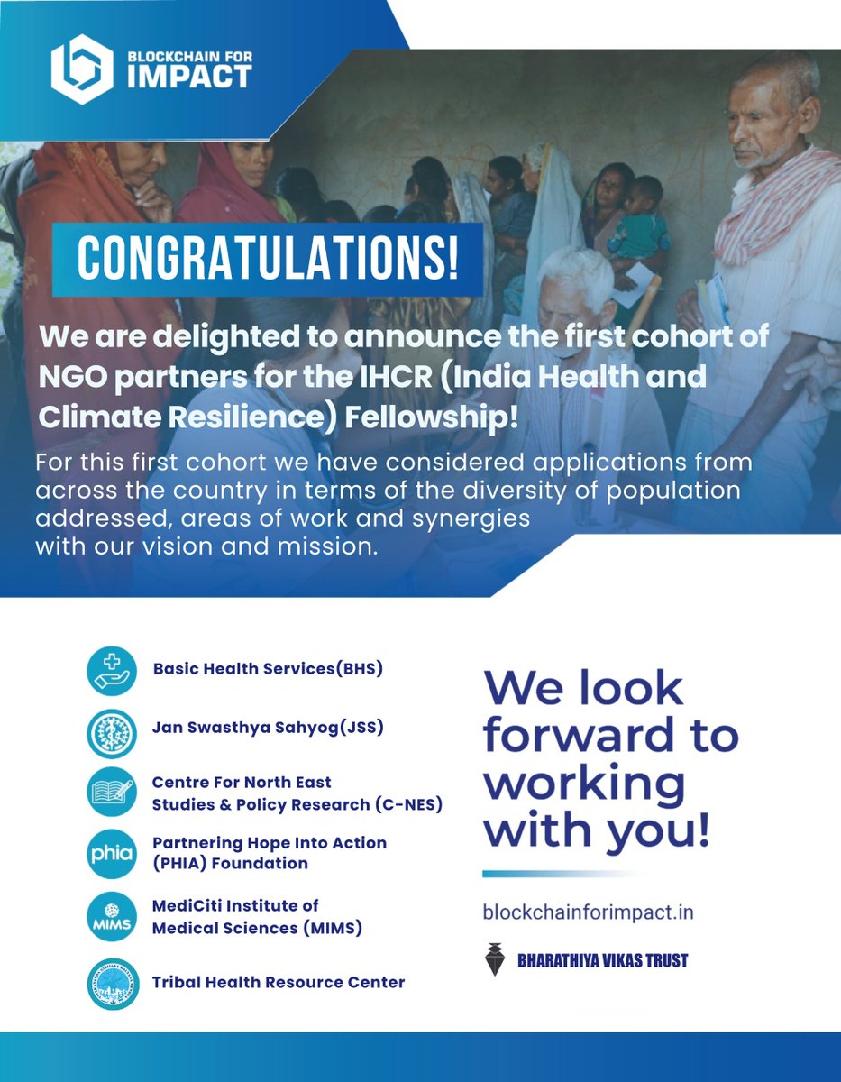 We are excited to announce the first cohort of NGO partners for the India Health and Climate Resilience (IHCR) Fellowship! A heartfelt thank you to all applicants and congratulations to the selected NGOs! #IHCRFellowship #NGOPartners #bfi #BlockchainForImpact