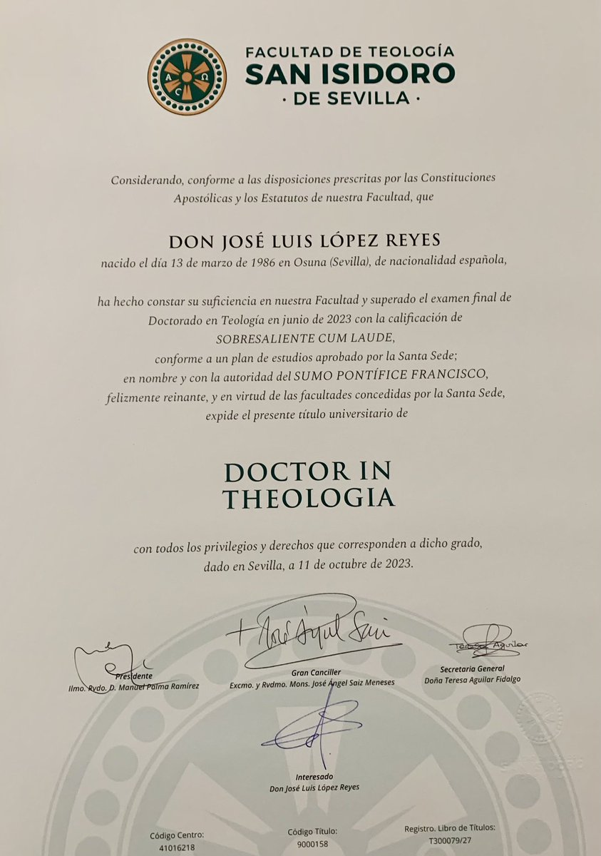 El pasado jueves en la celebración de Sto. Tomás de Aquino en la Facultad de Teología de Sevilla.Recibí el título de Doctor en Teología.Le agradezco a Dios que sea mi roca firme,que me diese una familia buena y atenta y el don de la vocación para conocerlo por la Fe y la razón.