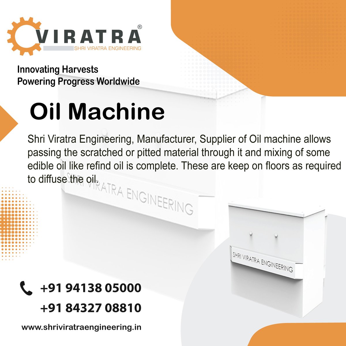 shriviratra's tweet image. Shri Viratra Engineering, Manufacturer, Supplier of Oil machine allows passing the scratched or pitted material through it and mixing of some edible oil like refind oil is complete. These are keep on floors as required to diffuse the oil.
#oilmachine #oil #shriviratraengineering
