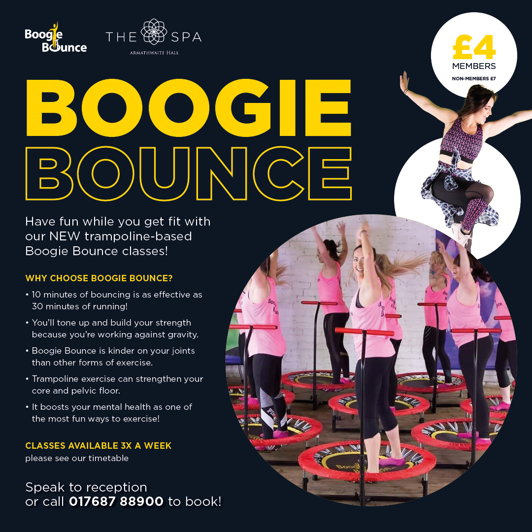 Bored of your current fitness regime? Give Boogie Bounce a go! This fun and energetic workout is a great way to tone up and burn calories – and just 10 minutes is as effective as 30 minutes of running! Have a blast while upping your fitness – book today on 017687 88900.