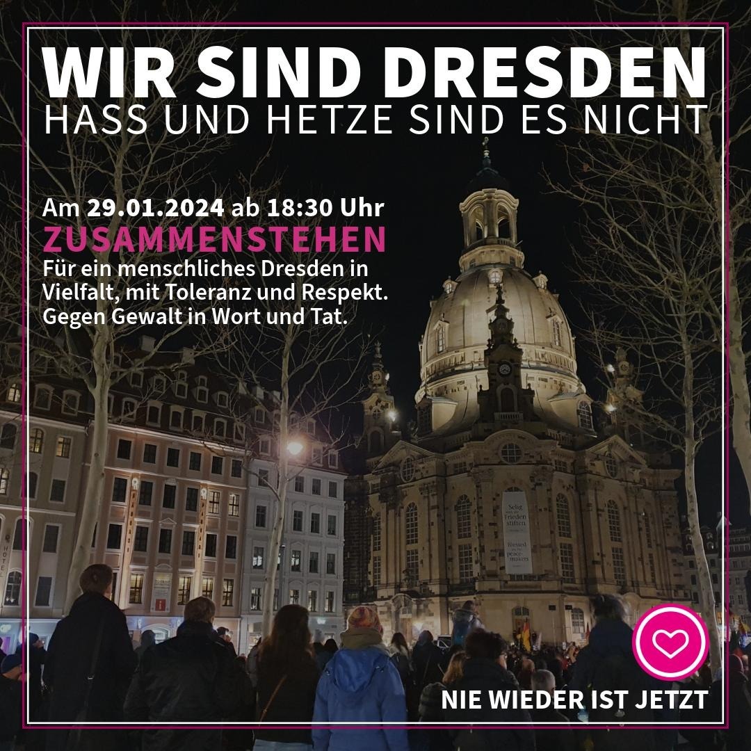Ein weiteres Mal ist unser Engagement für ein solidarisches, weltoffenes Dresden gefragt. Pegida ist am Montag, dem #dd2901 in der Stadt. Wir rufen zu einem lautstarken Protest auf dem Neumarkt und entlang der Strecke auf. Folgende Anlaufpunkte gibt es: (1/2)