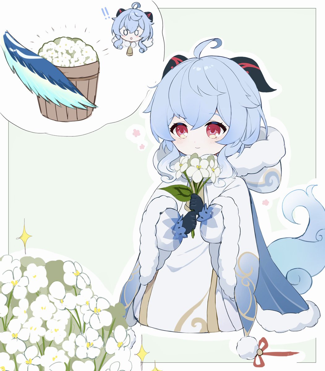 ganyu (genshin impact) 1girl flower qingxin flower blue hair horns ahoge holding  illustration images