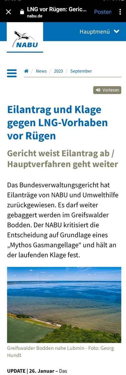 #LNG #Rügen
Das Bundesverwaltungsgericht hat Eilanträge von NABU und Umwelthilfe zurückgewiesen. Es darf weiter gebaggert werden im Greifswalder Bodden

Der NABU kritisiert die Entscheidung auf Grundlage eines „Mythos Gasmangellage“

nabu.de/news/2023/09/3…