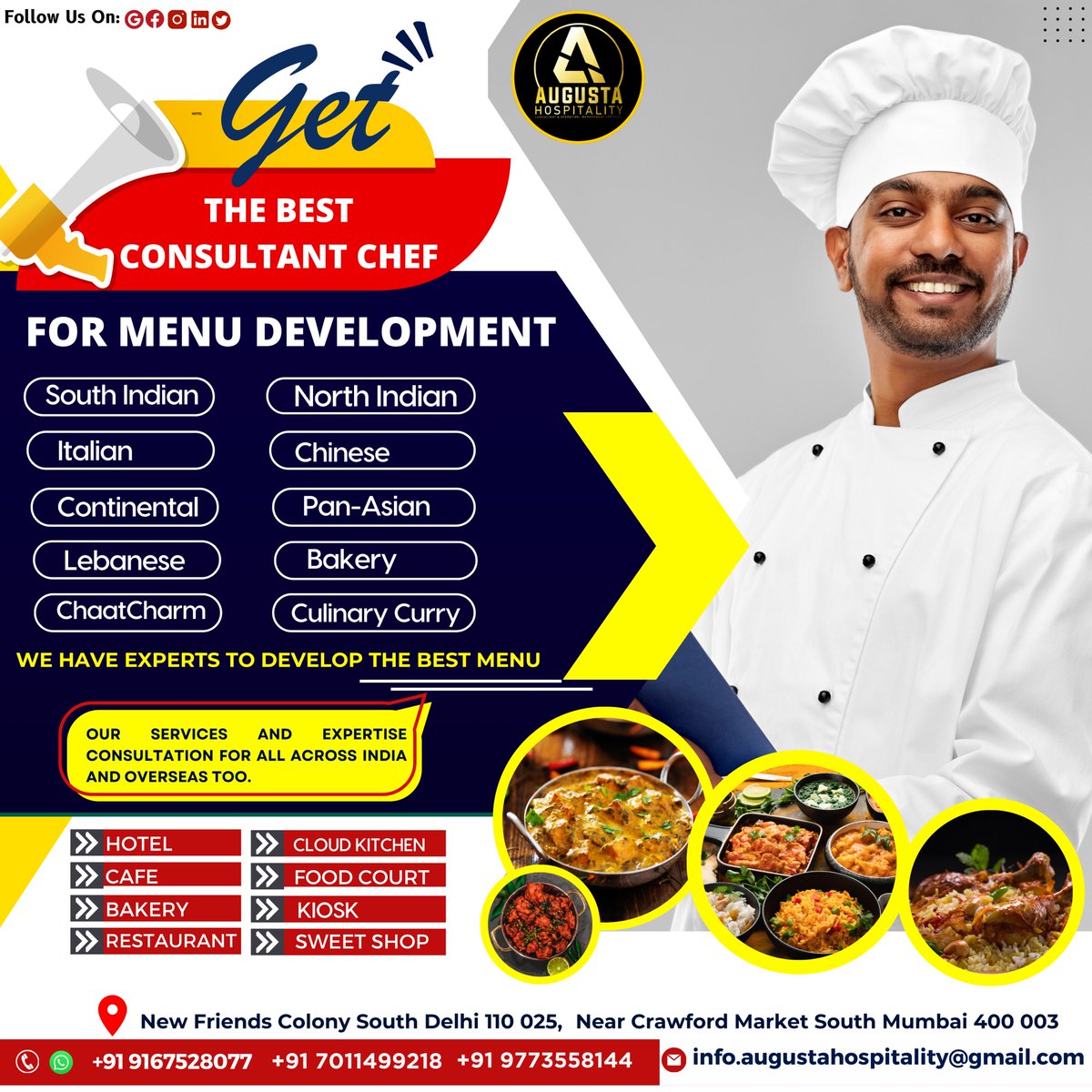 Get the best consultant chef for menu development
Drive your restaurant's growth journey with Augusta Hospitality Consultant & Operation -Management Services

#HiringChefs #NowHiringKitchenStaff #ChefJobs #KitchenTeam #culinaryjobs #recruitmentconsultants #businessconsultant