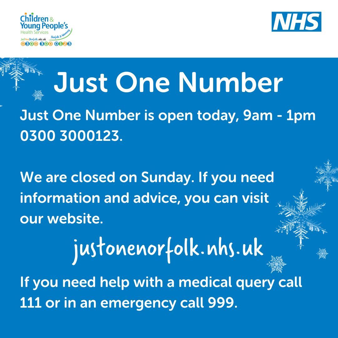 Just One Number is open today. Families, professionals and young people can get in touch with Just One Number by calling 0300 300 0123. 

#ChildrensHealthServices #JON