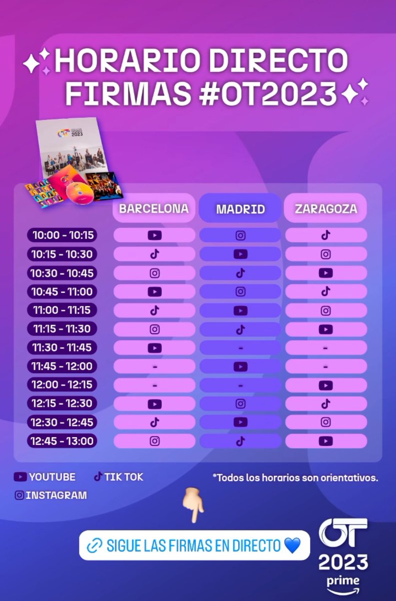 Sigue las firmas de OT en directo en Youtube, Instagram y Tiktok, en Barcelona, Madrid y Zaragoza. “Todo a la vez, en todas partes” 
#otdirecto27E #OTFirmas2023

m.youtube.com/live/8CFx36rou…