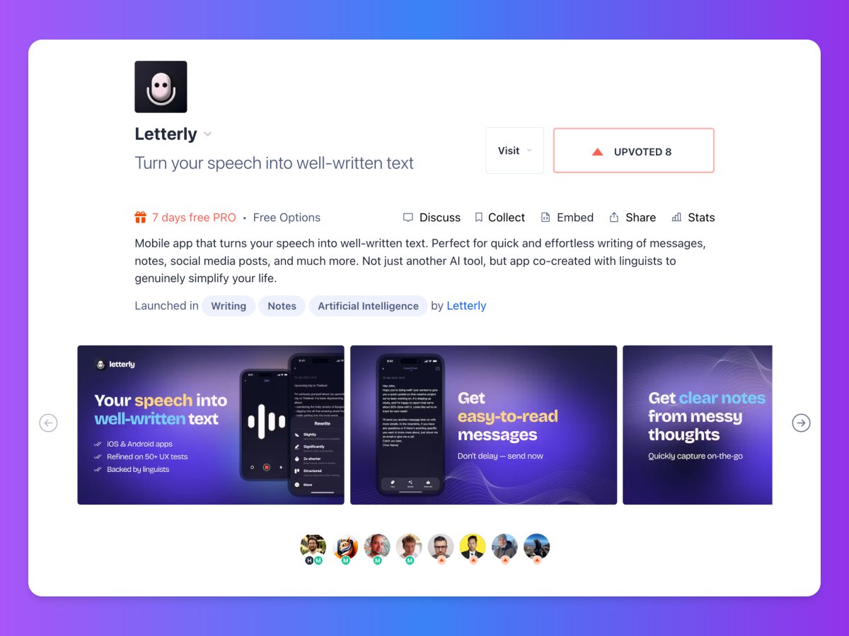 Samarsky's tweet image. I just launched Letterly on ProductHunt.

Why should you care?

I&apos;ve tried using voice dictation and transcription tools. It&apos;s impossible to think and write using it.

Then I saw examples of AI:
Get your speech -&amp;gt; transcribe -&amp;gt; rewrite in the way you need.

It blew my mind. I…