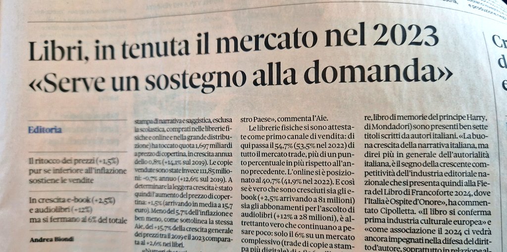 GPManzella's tweet photo. In Italia, nel 2023, si sono venduti 112 milioni di libri: in lieve flessione sul 2022, ma molti di più del 2019. Il 55% passa per le librerie, il 41% online. Cresce la narrativa italiana (+7.2%), scende la straniera. Italia ospite d'onore a Francoforte 2024 #ImpreseCreative https://t.co/cKcOi80LvY
