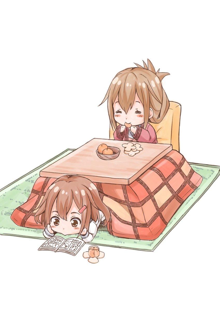 ikazuchi (kancolle) ,inazuma (kancolle) multiple girls kotatsu 2girls brown hair table food fruit  illustration images