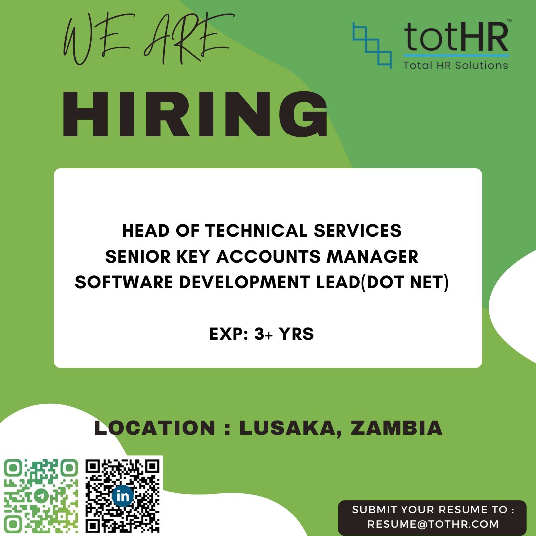 #sales #keyaccountmanager #technicalservices #technicalhead #dotnetdeveloper #seniorsoftwaredeveloper #lusaka #zambia #tothr #NowHiring