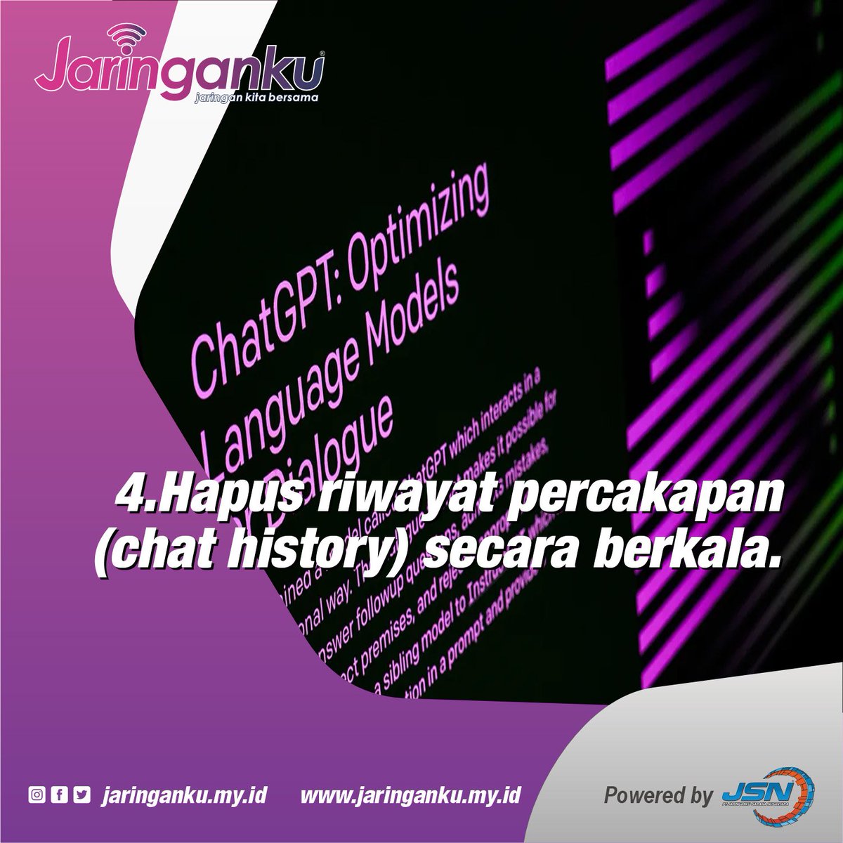 JaringankuMyId's tweet photo. Agar Aman, Perhatikan Empat Tips Ini Ketika Menggunakan ChatGPT.

Selengkapnya https://t.co/eUsR5ypkfn

#jsn #jaringanku #jaringankitabersama #isp #internetfiber #internetmurah #beritateknologi #infoteknologi #sains #tekno #gadget #tips #fakta #didyouknow #chatgpt https://t.co/ZG0zB1qQzn