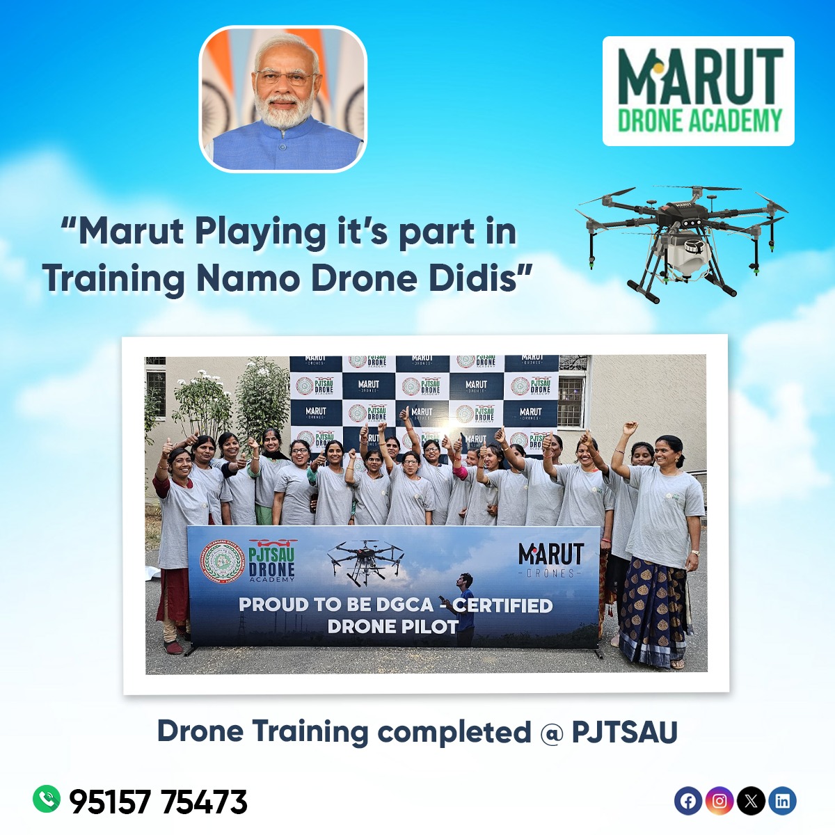 We are thrilled to announce that Self-Help Group Team have successfully completed Drone Pilot Training at PJTSAU (Professor Jayashankar Telangana State Agricultural University). 🌿✈️ 

#DronePilotTraining #AgriculturalInnovation #SelfHelpGroupSuccess #PJTSAU #FutureLeadership