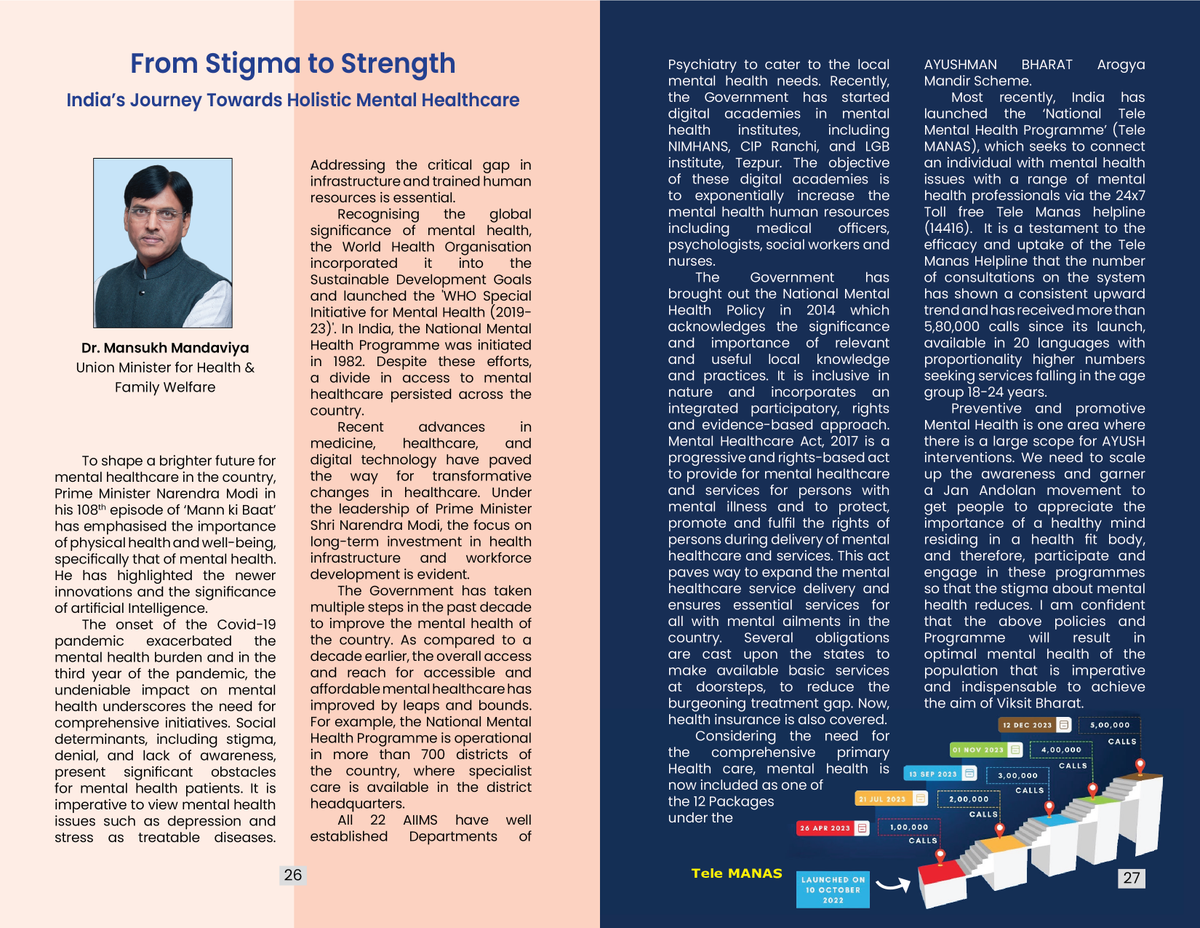 MIB_India's tweet photo. "India's mental health landscape is evolving with initiatives like the National Mental Health Policy, Tele MANAS helpline, and #AyushmanBharat."

Read the views of Union Health Minister @mansukhmandviya, on India's journey towards holistic mental healthcare, in the latest December 2023 edition of #MannKiBaat booklet!

https://t.co/LV3gZwqbgj

@OfficeOf_MM @MoHFW_INDIA @AyushmanNHA
