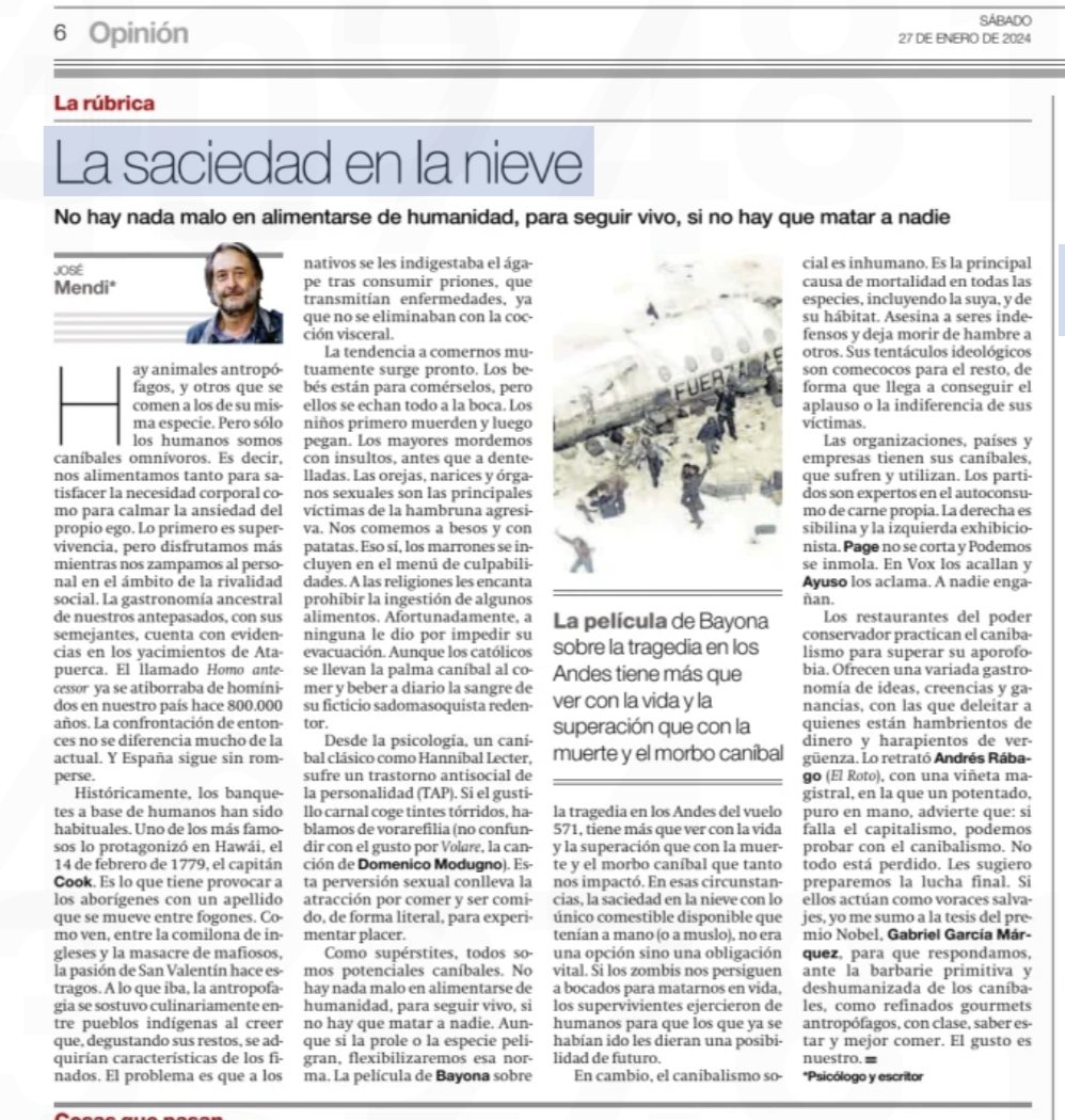 "La saciedad en la nieve". Psicología del canibalismo. Hoy,mi artículo en <a href="/periodicoaragon/">El Periódico de Aragón</a> y <a href="/ElPeriodico_Esp/">El Periódico de España</a> <a href="/juanroyoabenia/">Juan Royo Abenia Goyanes Tul</a> <a href="/gemma_robles/">Gemma Robles</a> <a href="/cosmejuan/">Juan Cruz Ruiz</a> <a href="/Piamonte/">Jester Piamonte</a> <a href="/Begonasarre/">Bego Nasarre /❤️</a> <a href="/rmserranos/">Rosa María Serrano</a> <a href="/santicl/">Santos Cerdán León</a> <a href="/jmaryli/">jota eme/❤️</a> <a href="/IsaiasLafuente/">Isaías Lafuente Zorrilla</a> <a href="/luzsmellado/">Luz Sánchez-Mellado 🇪🇦🏳️‍🌈</a> <a href="/mavidonate/">Mavi Doñate</a> <a href="/ionantolin/">Ion Antolín Llorente</a>
elperiodicodearagon.com/opinion/2024/0…