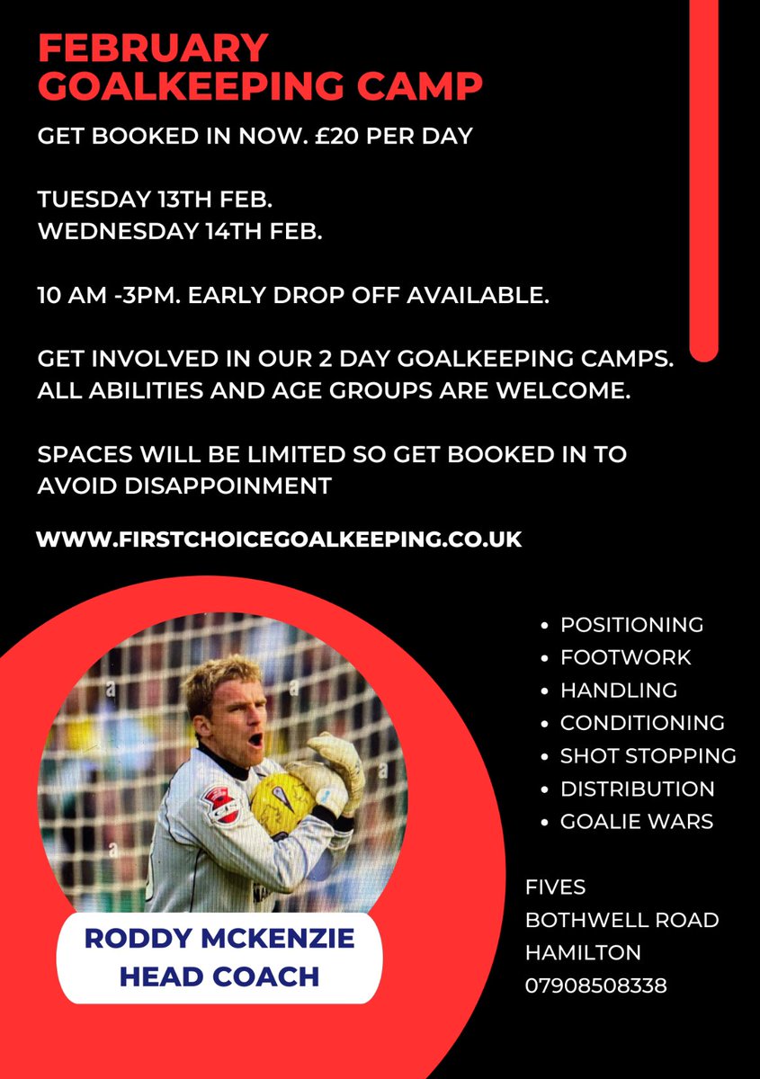 Embark on a goalkeeper's journey with Head Coach Roddy McKenzie at the Goalkeeping 2-Day Camp hosted at Fives in Hamilton. Unleash your potential, refine your technique, and elevate your game under the expert guidance of Roddy McKenzie. Join us for two days of intensive training.