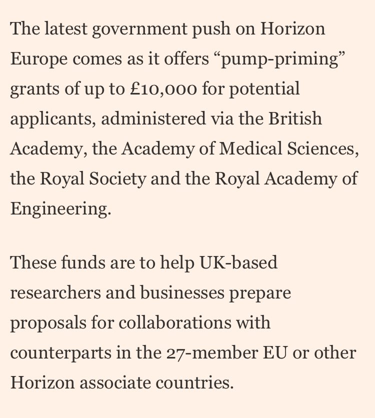 The nice people at the FT are advertising our Horizon Europe pump priming scheme. We are offering £10k grants to help you develop your application and partnerships. This scheme is open to all disciplines. Can be used towards costs of child or parent care thebritishacademy.ac.uk/funding/Horizo…