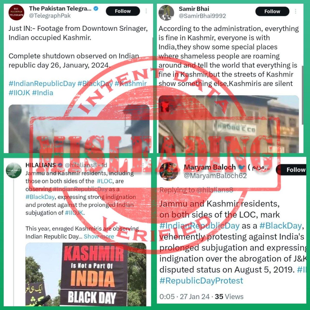 1567
ANALYSIS: Misleading

FACT: Pakistan-based propaganda accounts are circulating self-invented stories claiming that Kashmiri residents from both sides, POK and J&K, mark #IndianRepublicDay as a Black Day, (1/4)