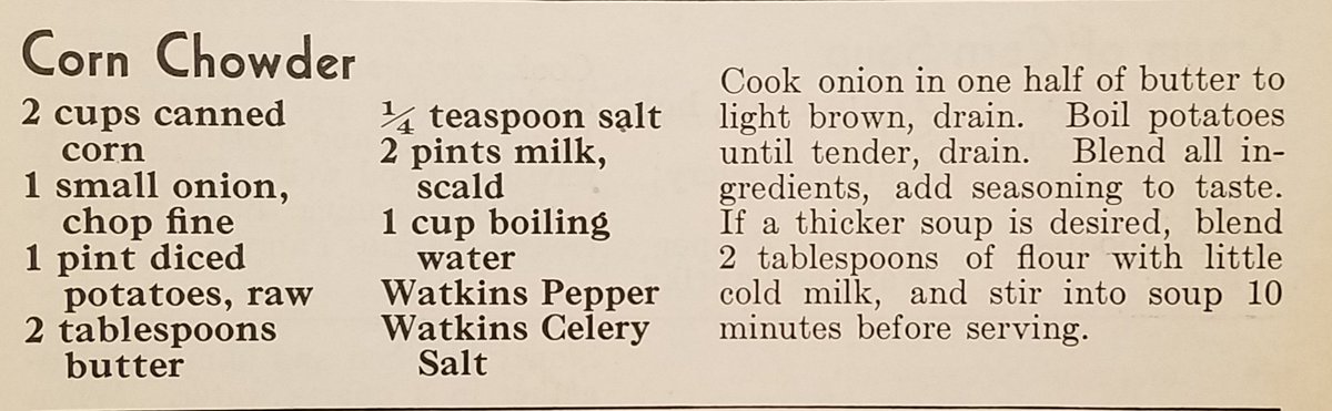 Re2OldFOOD's tweet photo. Corn Chowder -- 1930s
#CornChowder #1930srecipe
#depressioneracooking #soup
#chowder #corn #milk #water
#celerysalt #pepper #potatoes https://t.co/3KykWU0ZbN