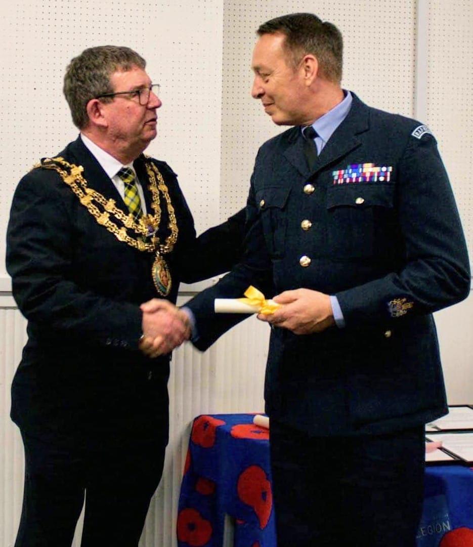 WO Damms & FS Hardy were thanked by #RBLBodmin & #BodminTC for support to Bodmin's Remembrance parade & cadets, during #PoppyAwards at @BodminKeep. Our people are proudly part of Cornish life, supporting the region at events important to our Service family. (Photo: K. Howard)