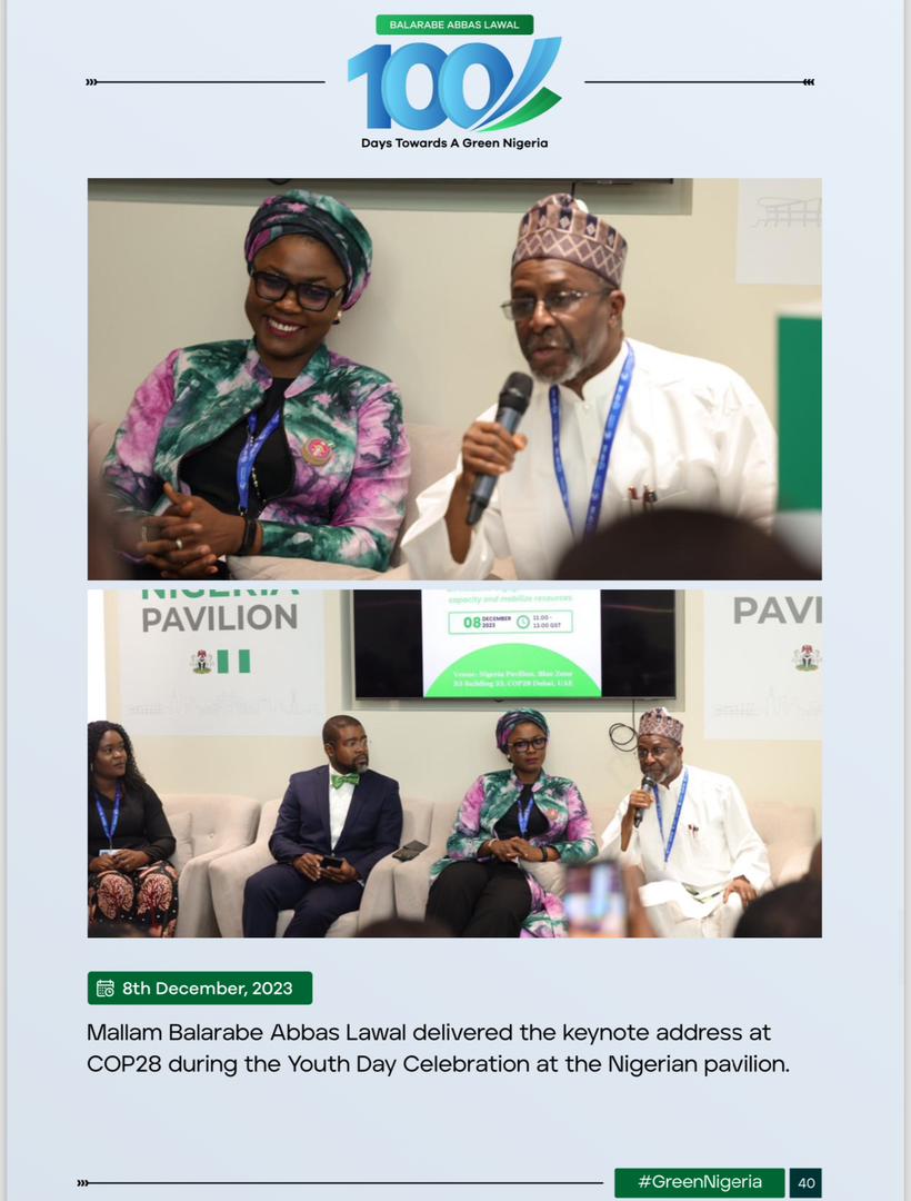 The Hon. Minister of @Fmenv @BalarabeAbbas_  delivered the keynote address at #COP28 during the Youth Day Celebration at the Nigerian pavilion, encouraging youths to participate in climate action. 
#GreenNigeria 
#BalarabeAbbas100days