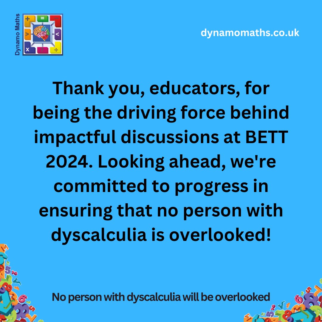 dynamomaths's tweet image. Thank you to all the educators who visited Dynamo Maths at BETT 2024. Your dedication to education inspires us.

Comment down below your experience at our stand! 🌐💭

#bett2024 #dynamomaths #dyscalculia #senco #headteachers #primaryschool #specialeducation