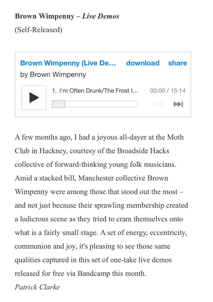Any fool can capture the moment given enough words. It takes actual skill to not use many, so my respect to @PaddyClarke @theQuietus for this spot on review of Brown Wimpenny (disclaimer- my daughters’ band) brownwimpenny.bandcamp.com/album/brown-wi…