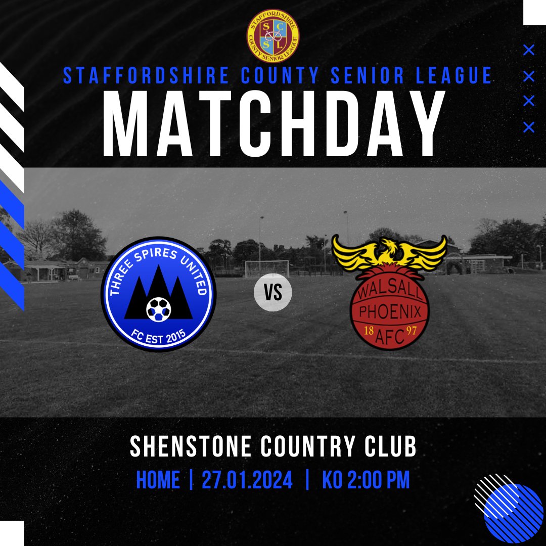 Three Spires United (@threespiresutd) on Twitter photo 🔵⚪️⚽️ MATCHDAY ⚽️⚪️🔵
Today we welcome Walsall Phoenix, looking to keep on winning form.
🏟️ Home
🆚 Opposition: Walsall Phoenix
🕒 Kick-off: 2:00pm
<a href="/staffscountysl/">Staffordshire County Senior League</a>
<a href="/WalsallPhoenixR/">Walsall Phoenix</a>
🔵⚽️ UTS ⚽️🔵 🔵⚪️⚽️ MATCHDAY ⚽️⚪️🔵
Today we welcome Walsall Phoenix, looking to keep on winning form.
🏟️ Home
🆚 Opposition: Walsall Phoenix
🕒 Kick-off: 2:00pm
<a href="/staffscountysl/">Staffordshire County Senior League</a>
<a href="/WalsallPhoenixR/">Walsall Phoenix</a>
🔵⚽️ UTS ⚽️🔵